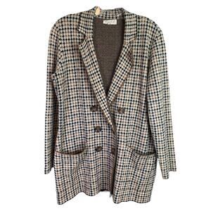 Marled Women Cardigan/blazer Sz M Cream Houndstooth Double Breasted Long Sleeve